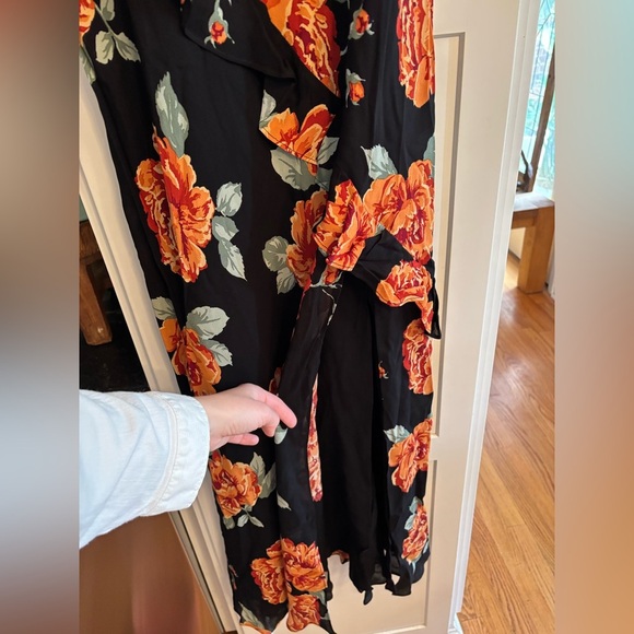 new Reformation Elysia floral print ruffle cascading gown in black orange - Picture 6 of 9